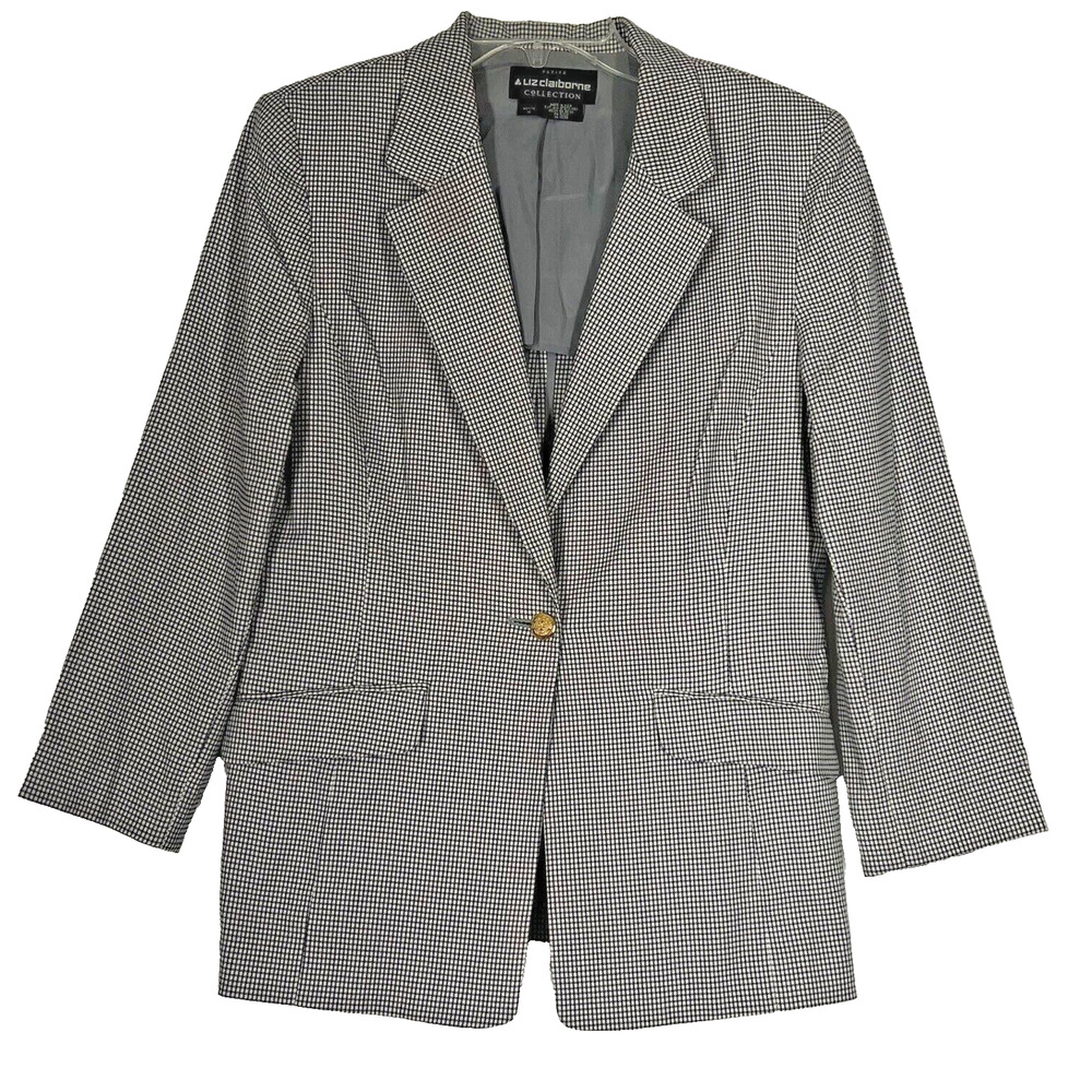 Liz Claiborne Blazer Jacket Womens Petite 10P Black and White Houndstooth Career